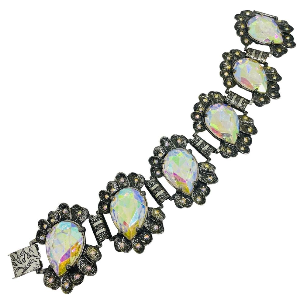 JUDY LEE signed silver tone vintage huge ab glass designer bracelet